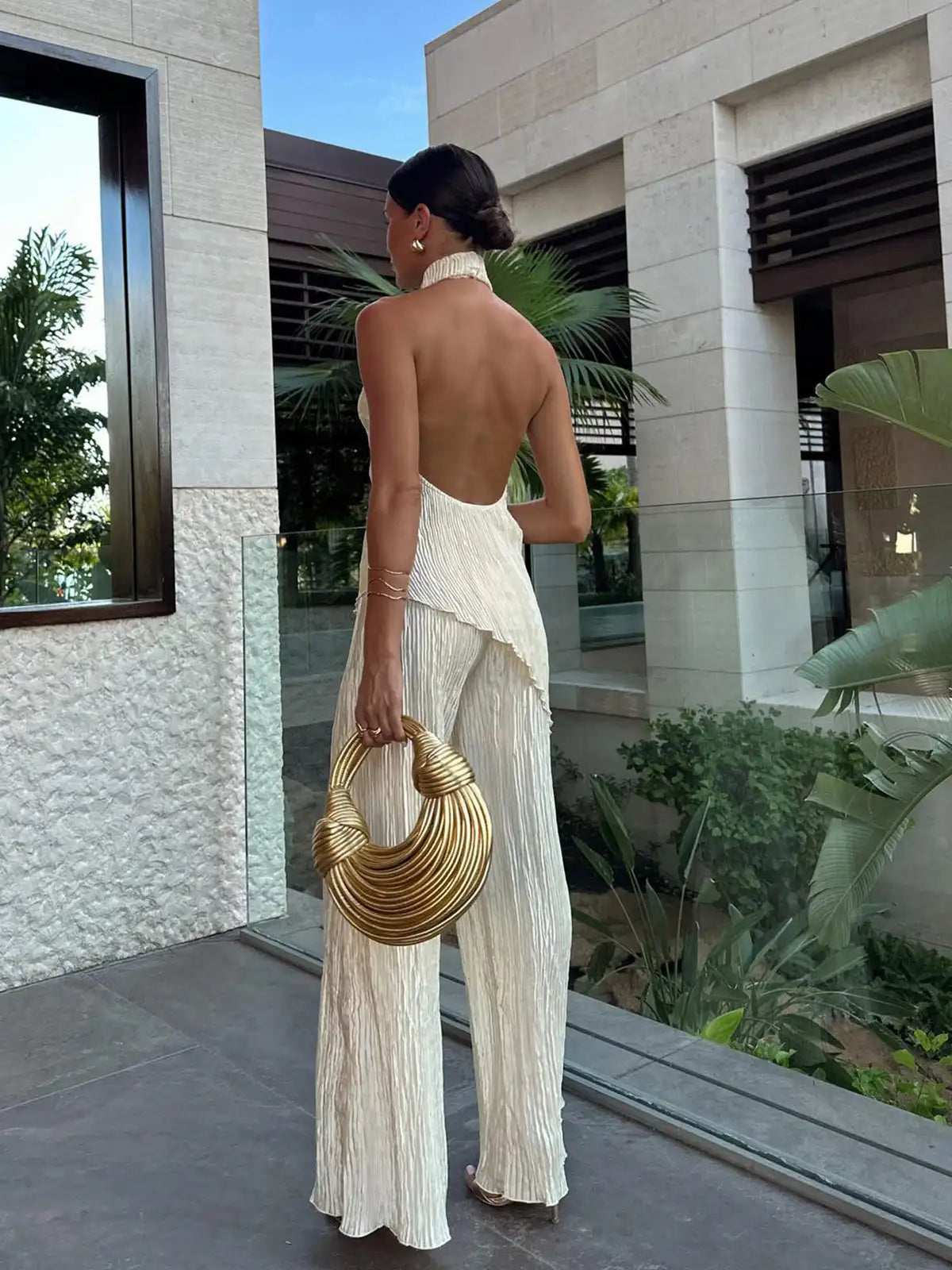 Pleated Set Women's Two Piece Sets Halter Neckline Wide-Leg Chic 3