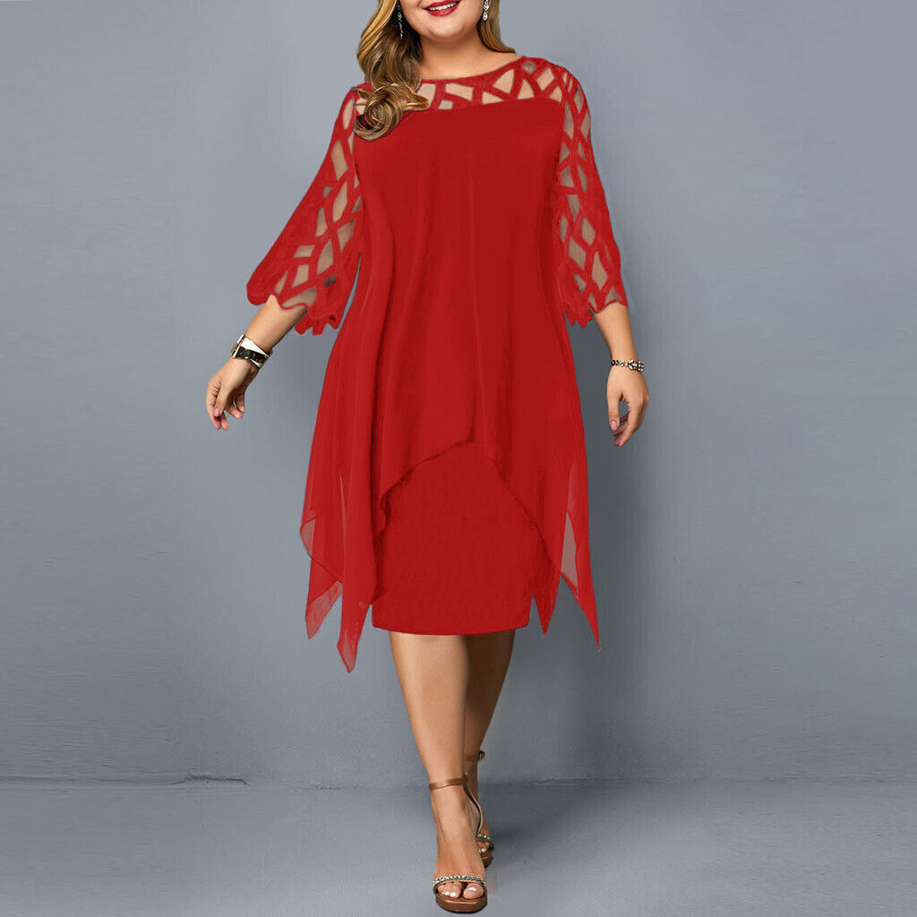 Plus Size Midi Dress Elegant Round Neck Lace Sleeves for Women 5