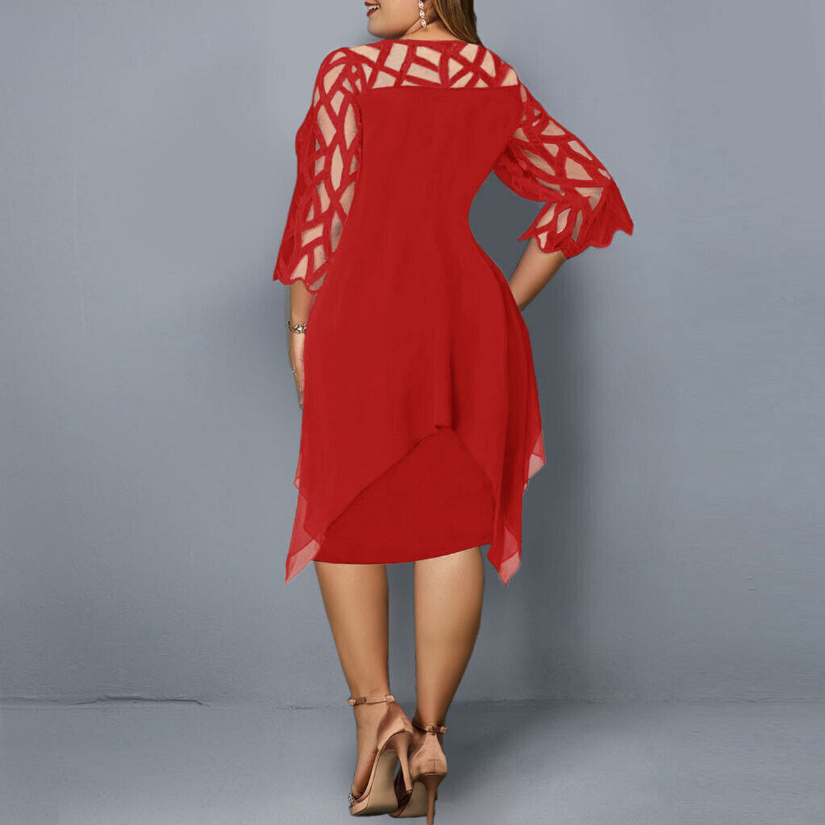 Plus Size Midi Dress Elegant Round Neck Lace Sleeves for Women 8