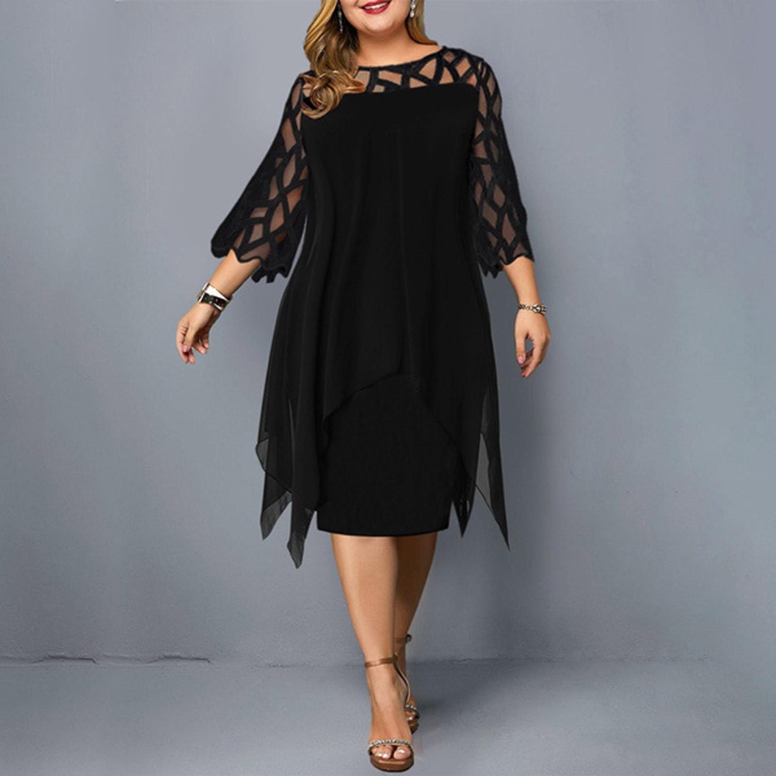 Midi-Kleid in Übergröße mit elegantem Rundhalsausschnitt und Spitzenärmeln für Damen