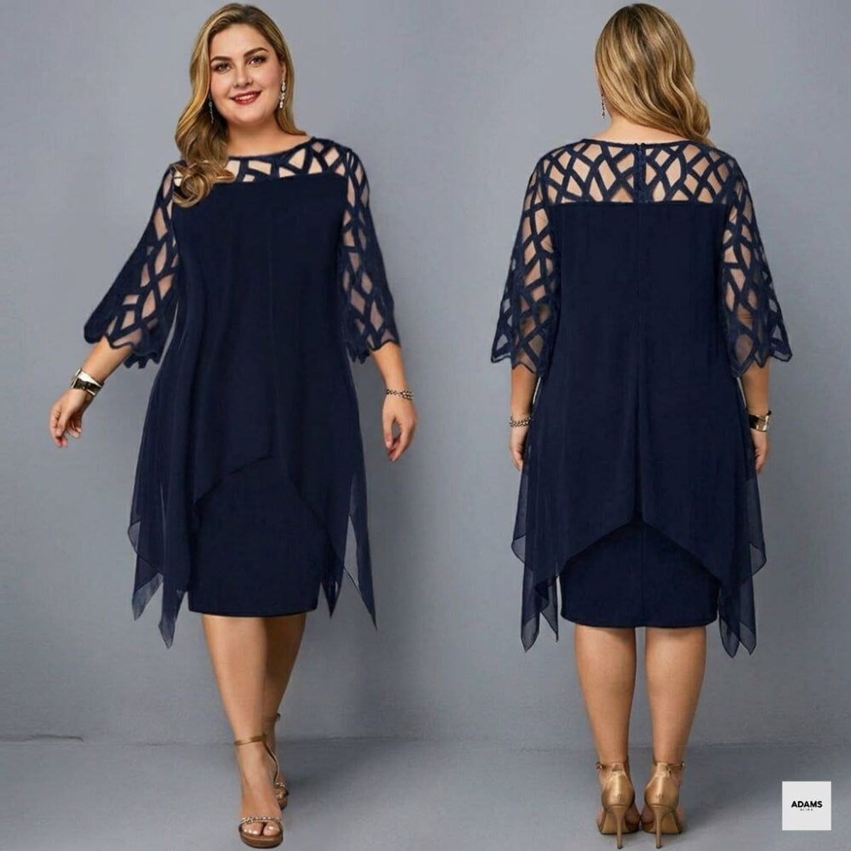 Midi-Kleid in Übergröße mit elegantem Rundhalsausschnitt und Spitzenärmeln für Damen