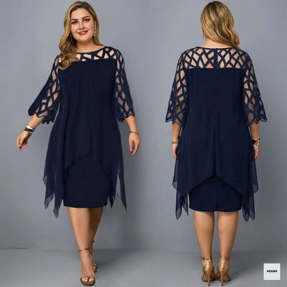 Midi-Kleid in Übergröße mit elegantem Rundhalsausschnitt und Spitzenärmeln für Damen