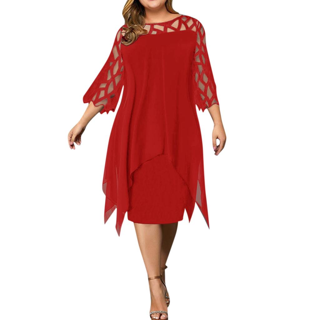 Midi-Kleid in Übergröße mit elegantem Rundhalsausschnitt und Spitzenärmeln für Damen