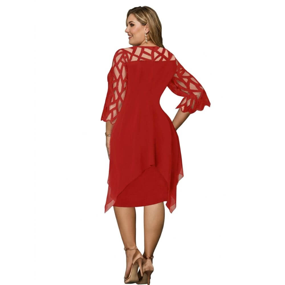 Midi-Kleid in Übergröße mit elegantem Rundhalsausschnitt und Spitzenärmeln für Damen