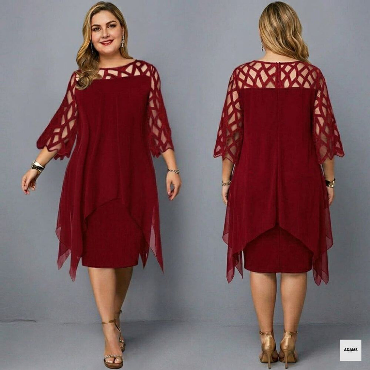 Midi-Kleid in Übergröße mit elegantem Rundhalsausschnitt und Spitzenärmeln für Damen