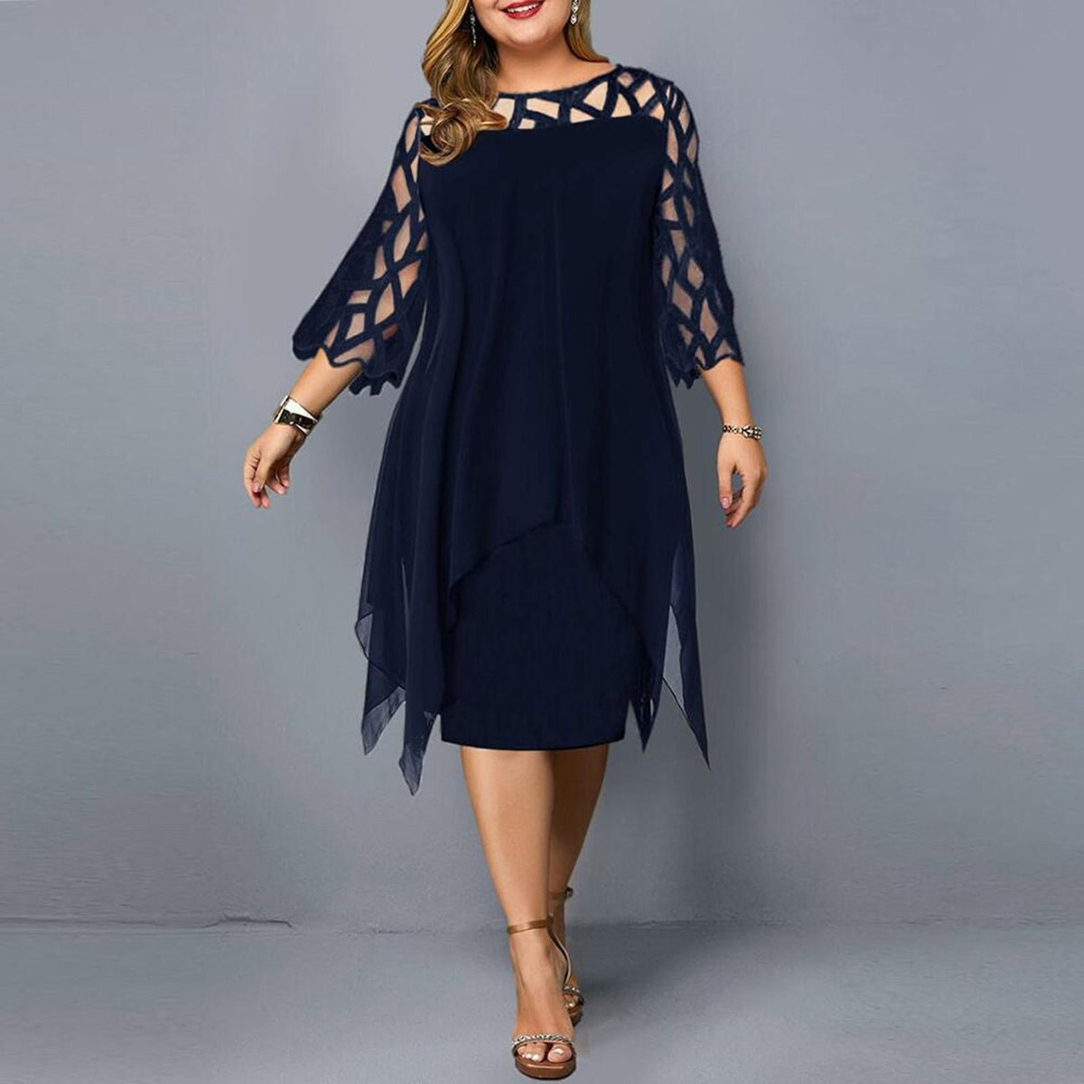 Midi-Kleid in Übergröße mit elegantem Rundhalsausschnitt und Spitzenärmeln für Damen