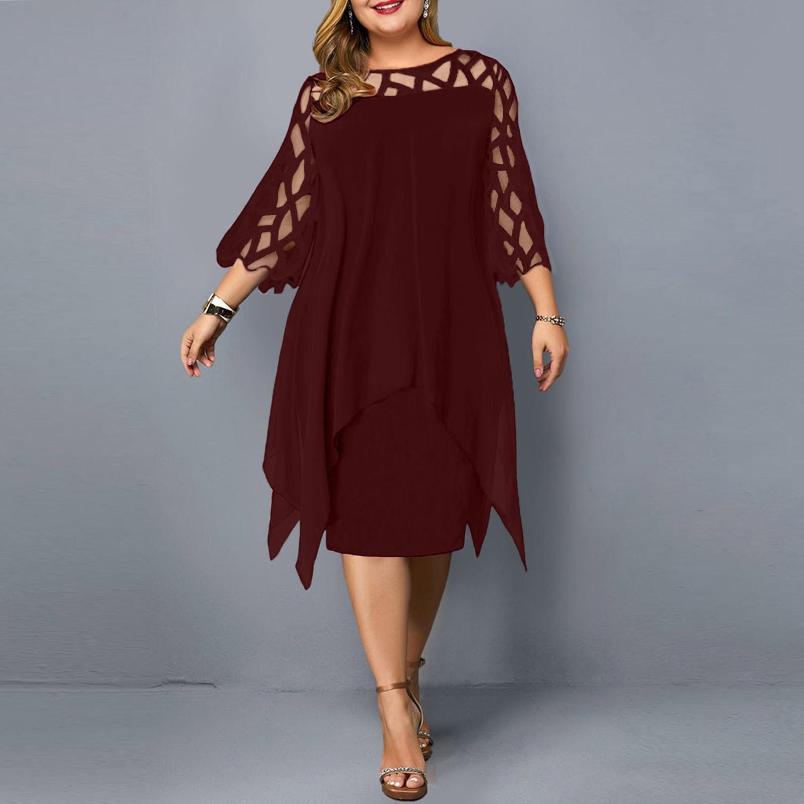 Midi-Kleid in Übergröße mit elegantem Rundhalsausschnitt und Spitzenärmeln für Damen