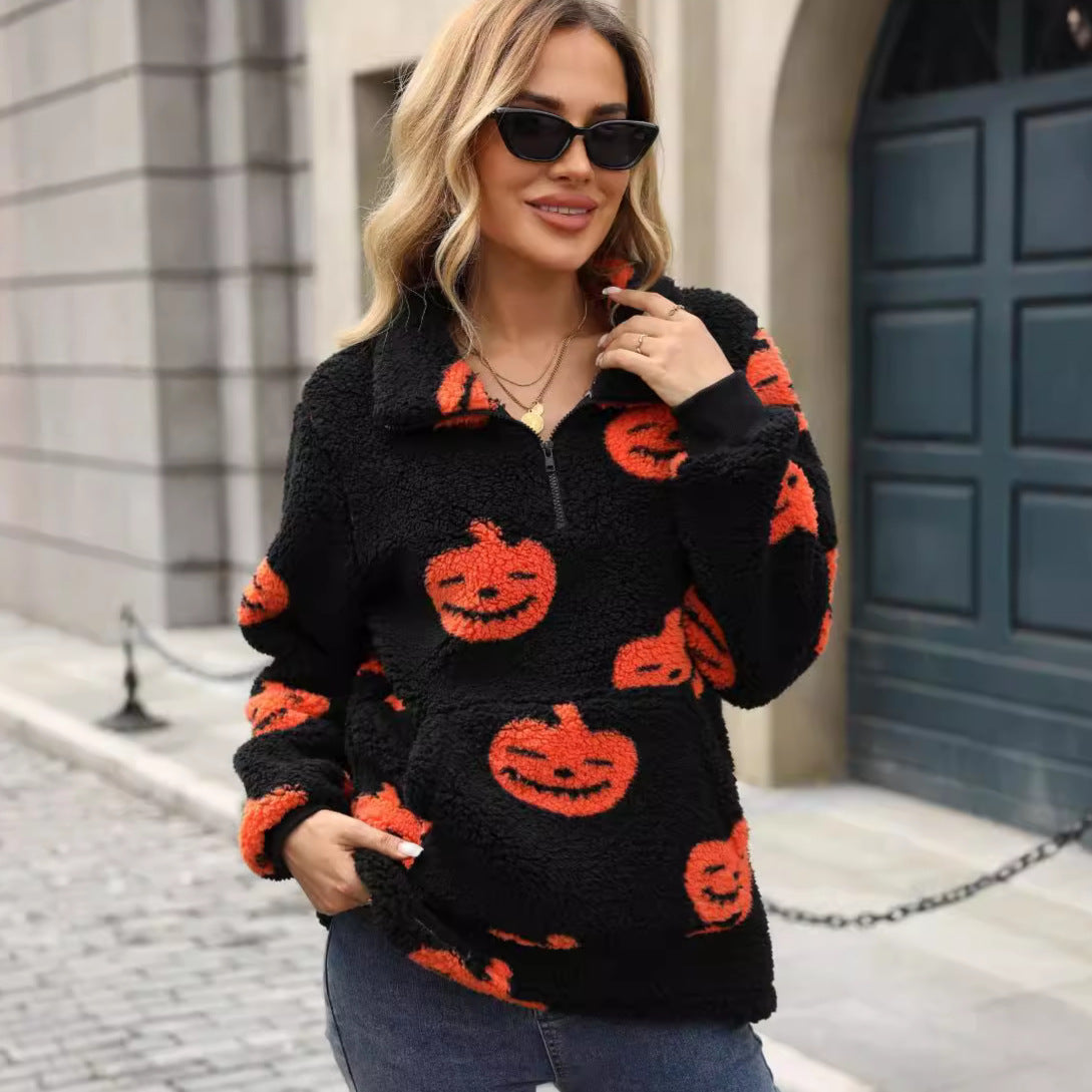 Plush Sweater Women Halloween Motif with Practical Pockets 1