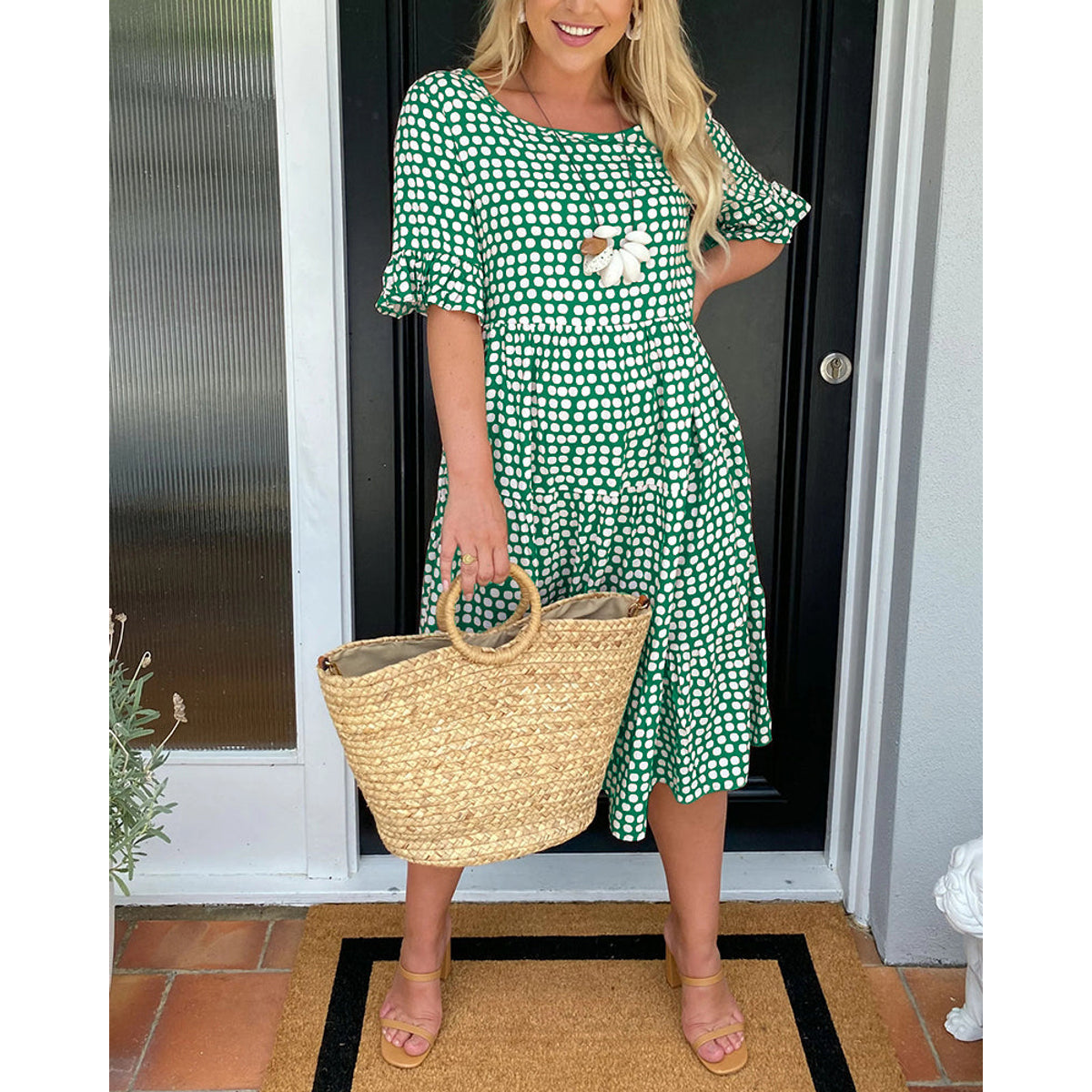 Polka Dot Print Midi Dress Casual A-Line Spring Summer 11