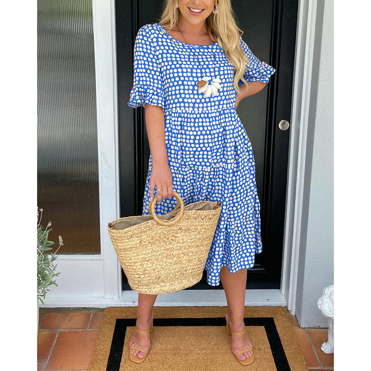 Polka Dot Print Midi Dress Casual A-Line Spring Summer 12