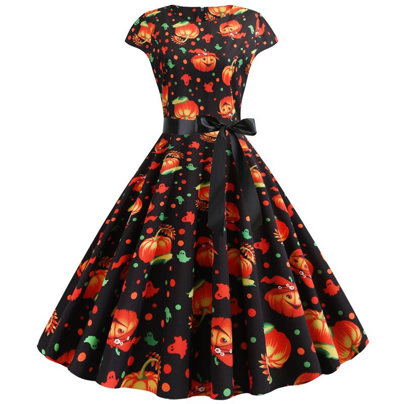 Pumpkin Print Midi Dress Casual Wear Festive Autumn Style 1