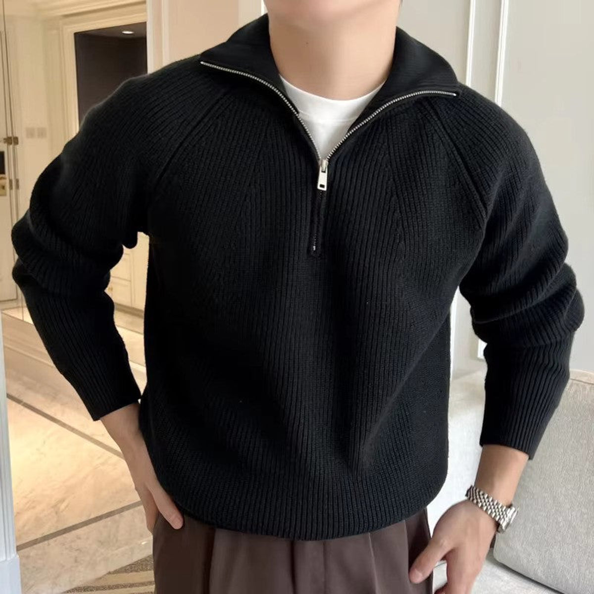 Quarter Zip Sweater Classic Ribbed Knit Versatile Style for Men 0