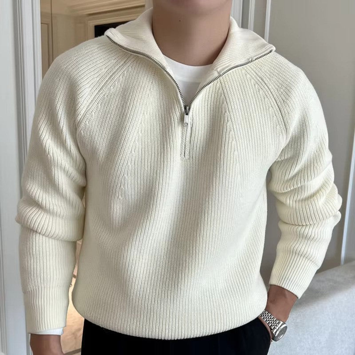 Quarter Zip Sweater Classic Ribbed Knit Versatile Style for Men 1