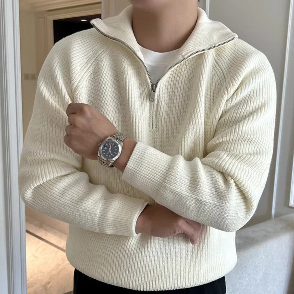 Quarter Zip Sweater Classic Ribbed Knit Versatile Style for Men 3