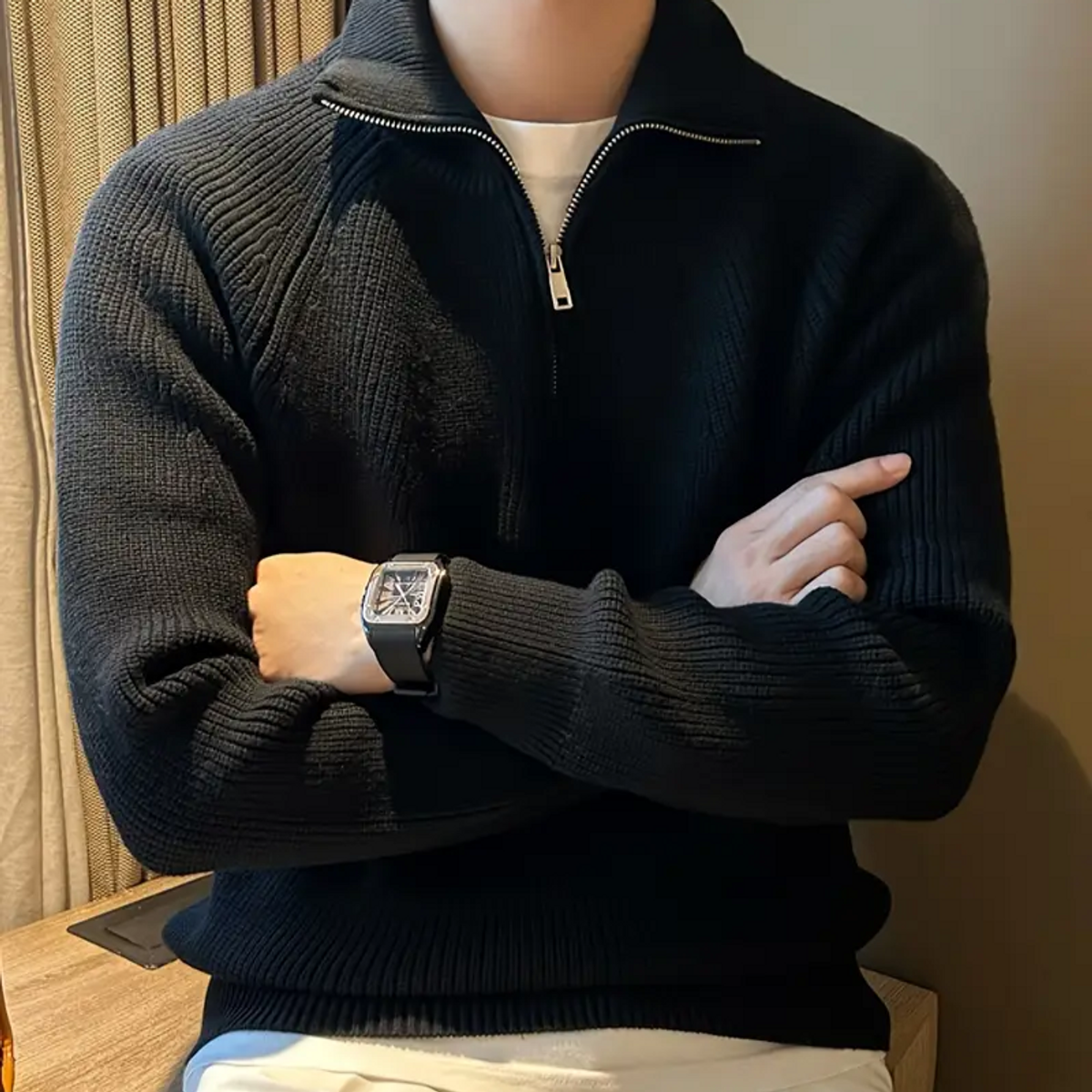 Quarter Zip Sweater Classic Ribbed Knit Versatile Style for Men 5