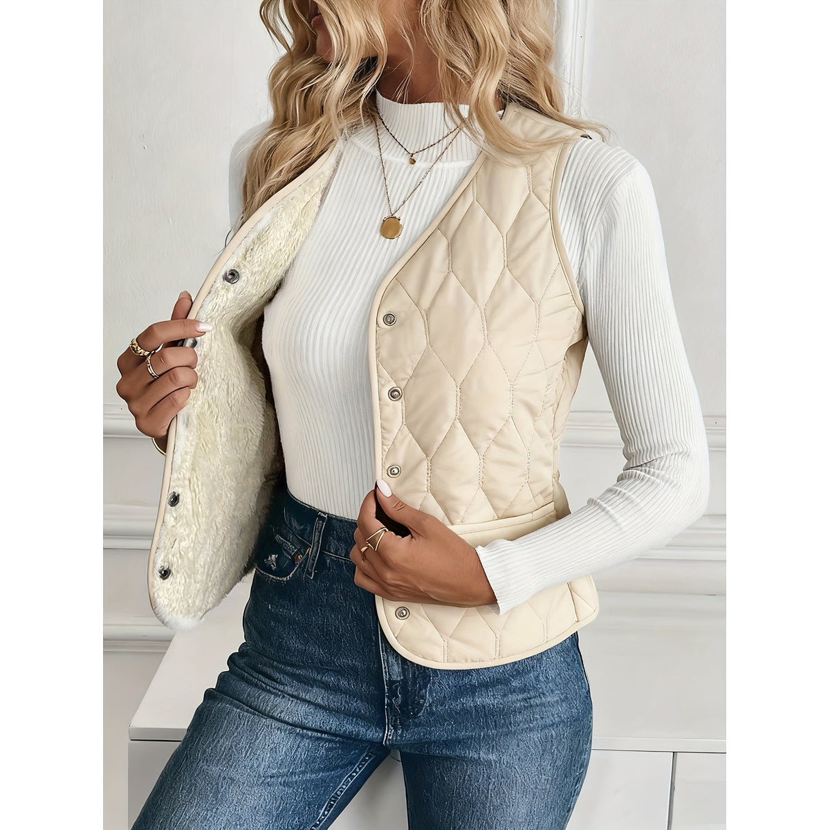 Quilted Bomber Vest Ultra-Soft Sherpa Lining Casual Layering 0