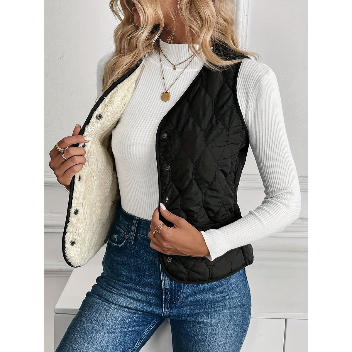 Quilted Bomber Vest Ultra-Soft Sherpa Lining Casual Layering 4