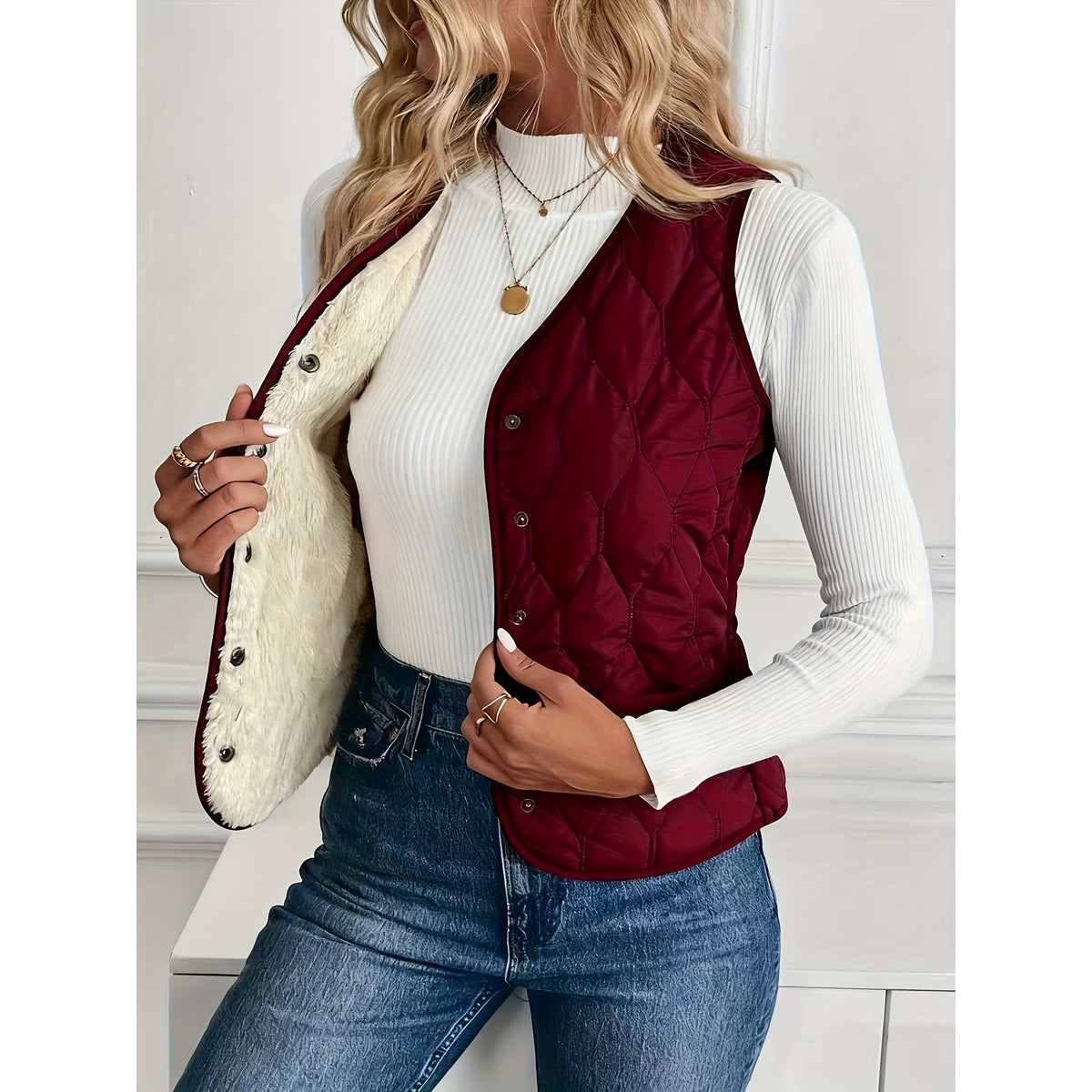 Quilted Bomber Vest Ultra-Soft Sherpa Lining Casual Layering 8