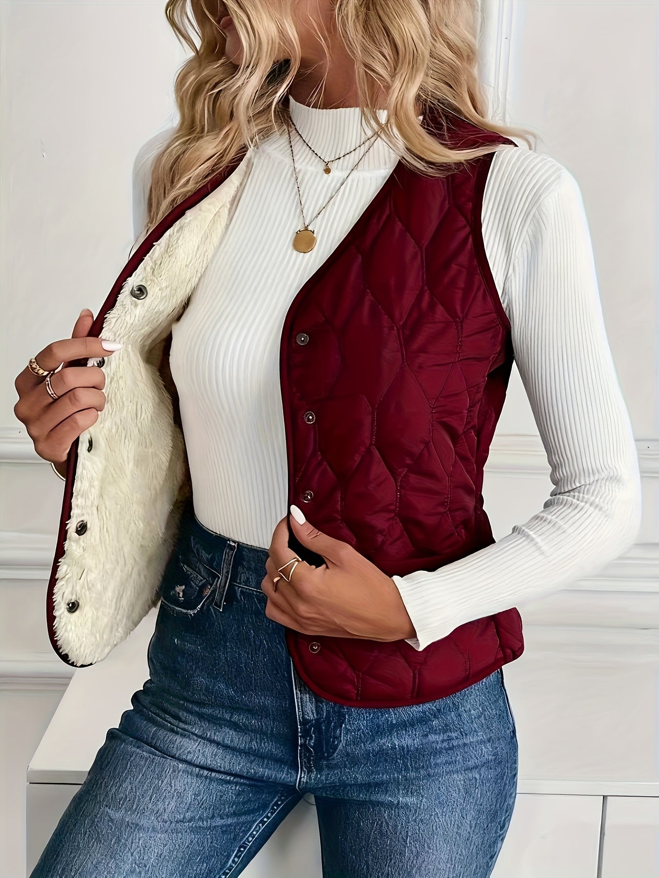 Quilted Bomber Vest Ultra-Soft Sherpa Lining Casual Layering 8