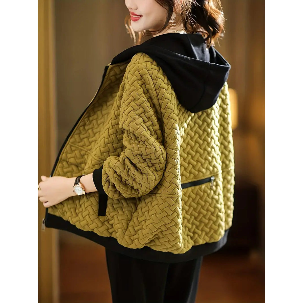 Quilted Hoodie Women Relaxed Fit Basketweave Design Casual Sweatshirt 0