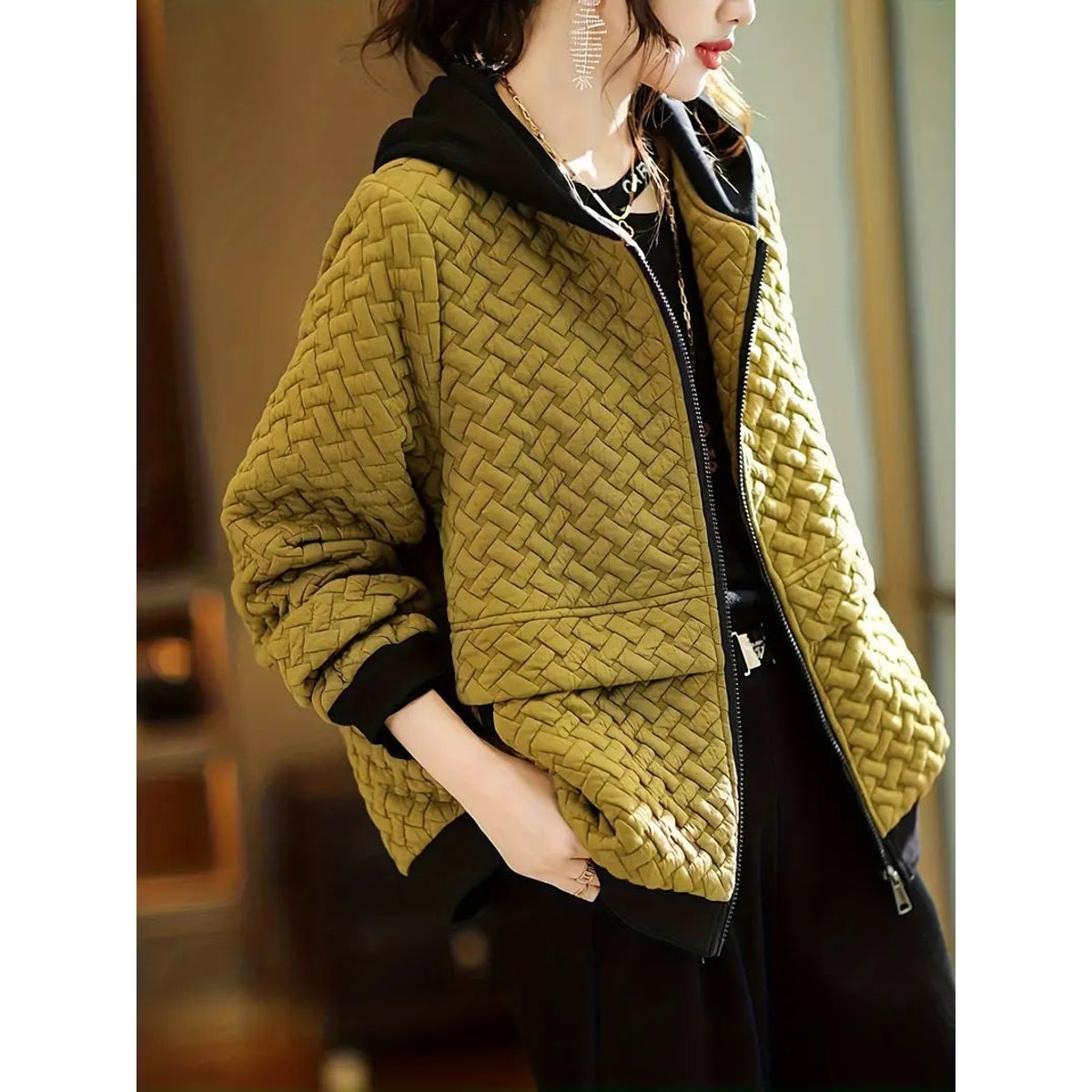 Quilted Hoodie Women Relaxed Fit Basketweave Design Casual Sweatshirt 1