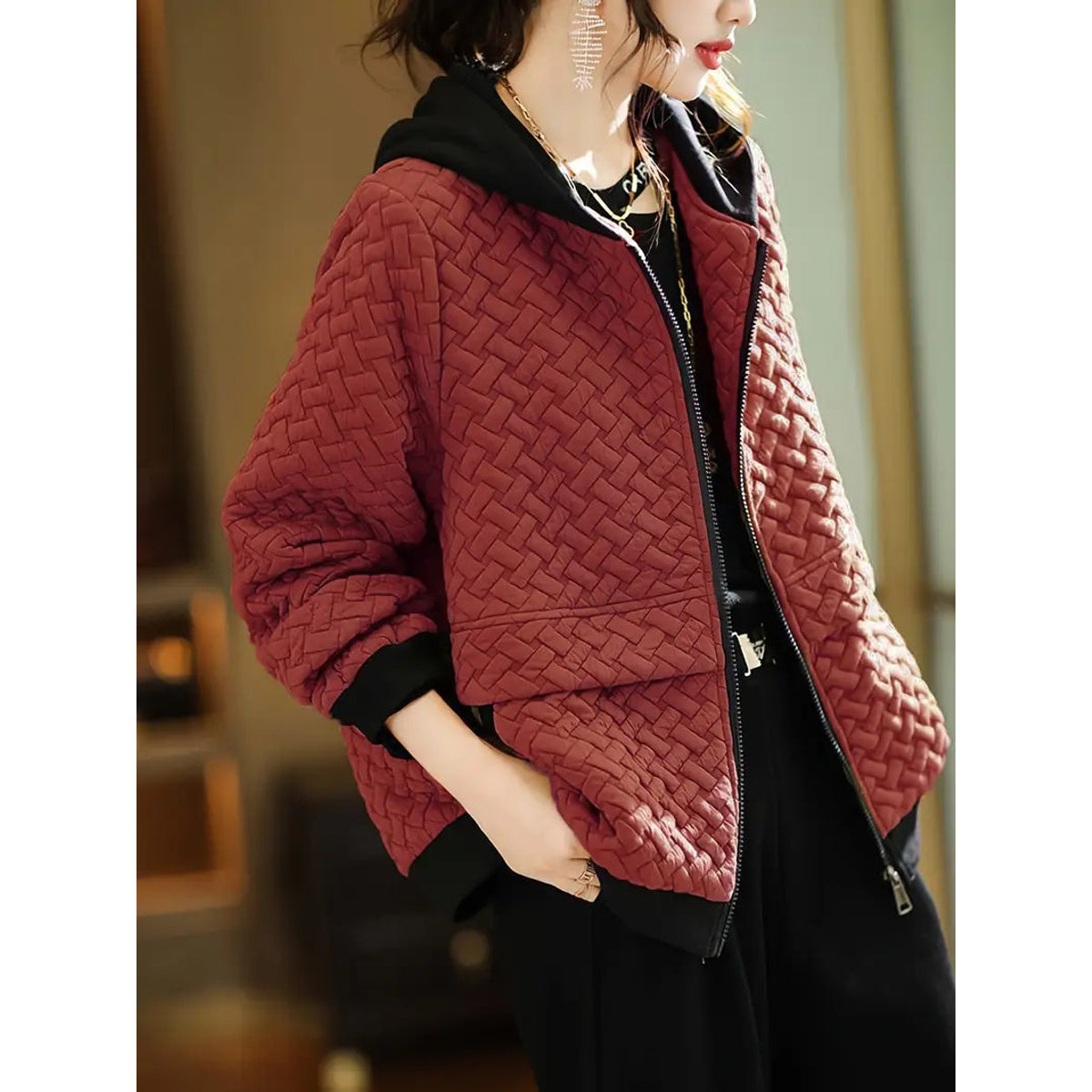Quilted Hoodie Women Relaxed Fit Basketweave Design Casual Sweatshirt 5