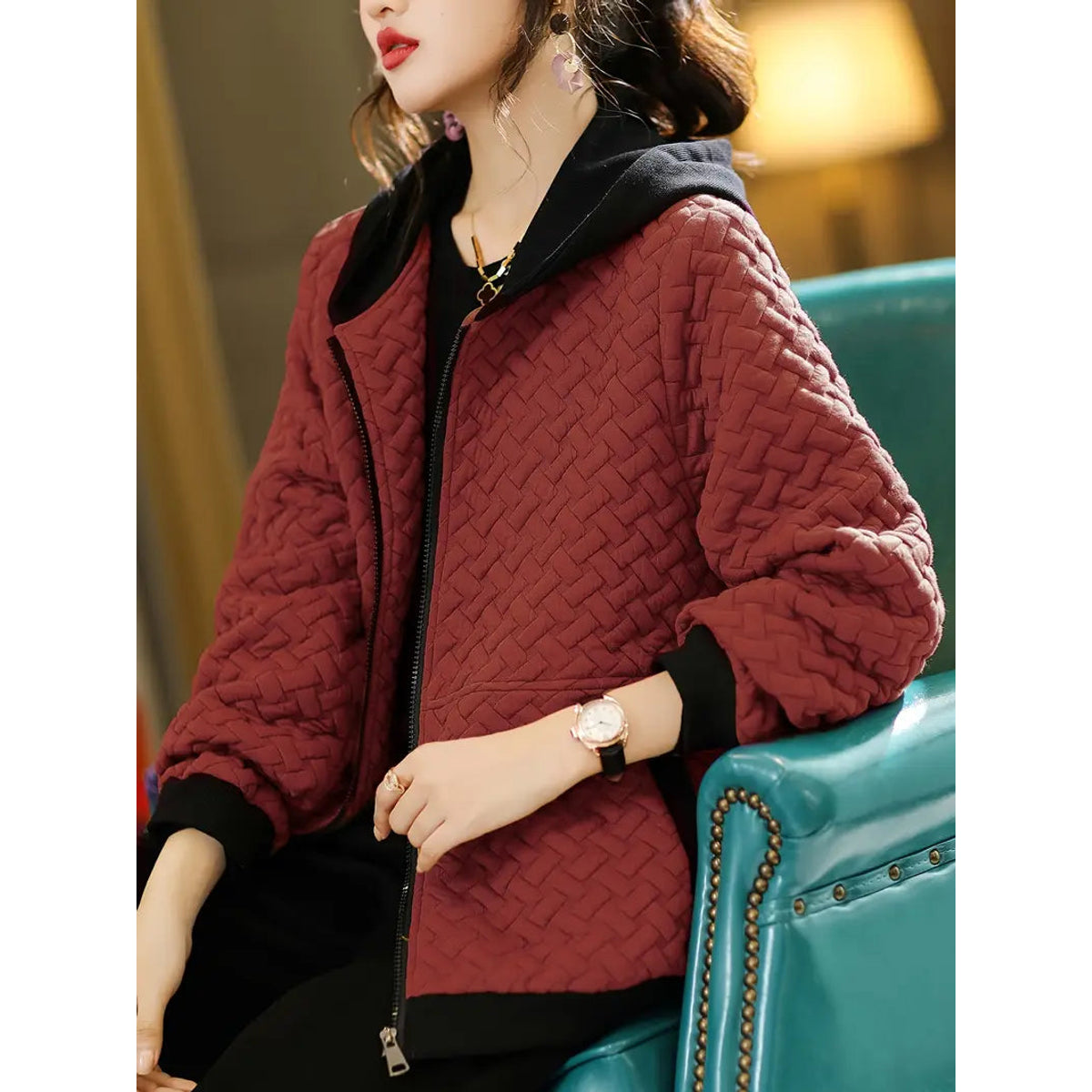 Quilted Hoodie Women Relaxed Fit Basketweave Design Casual Sweatshirt 6