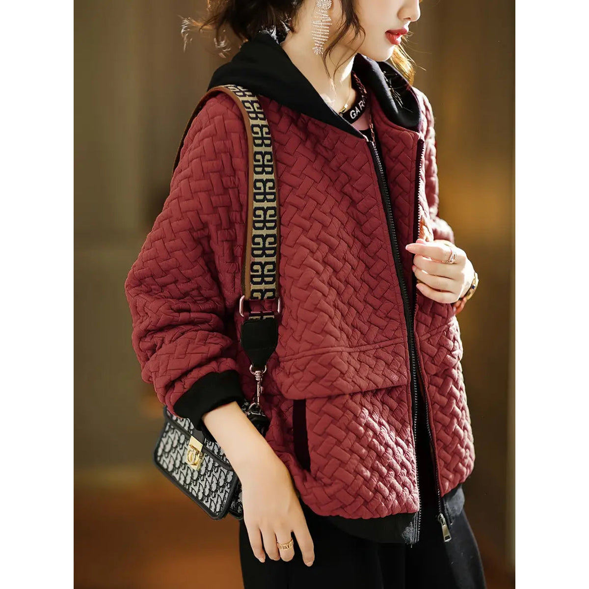 Quilted Hoodie Women Relaxed Fit Basketweave Design Casual Sweatshirt 8