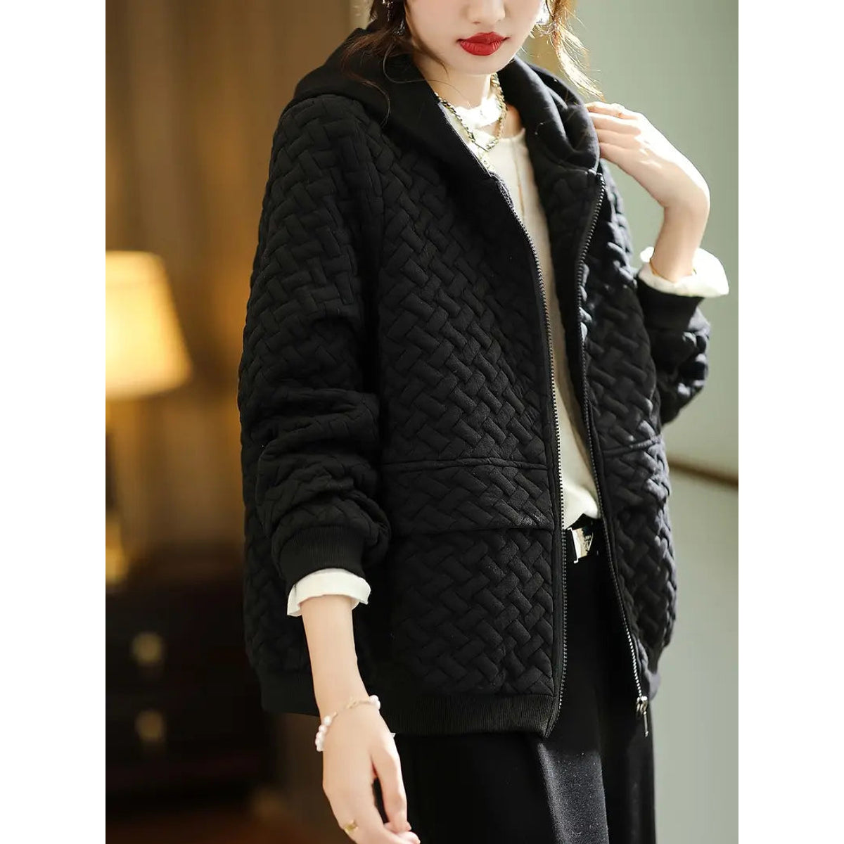 Quilted Hoodie Women Relaxed Fit Basketweave Design Casual Sweatshirt 9