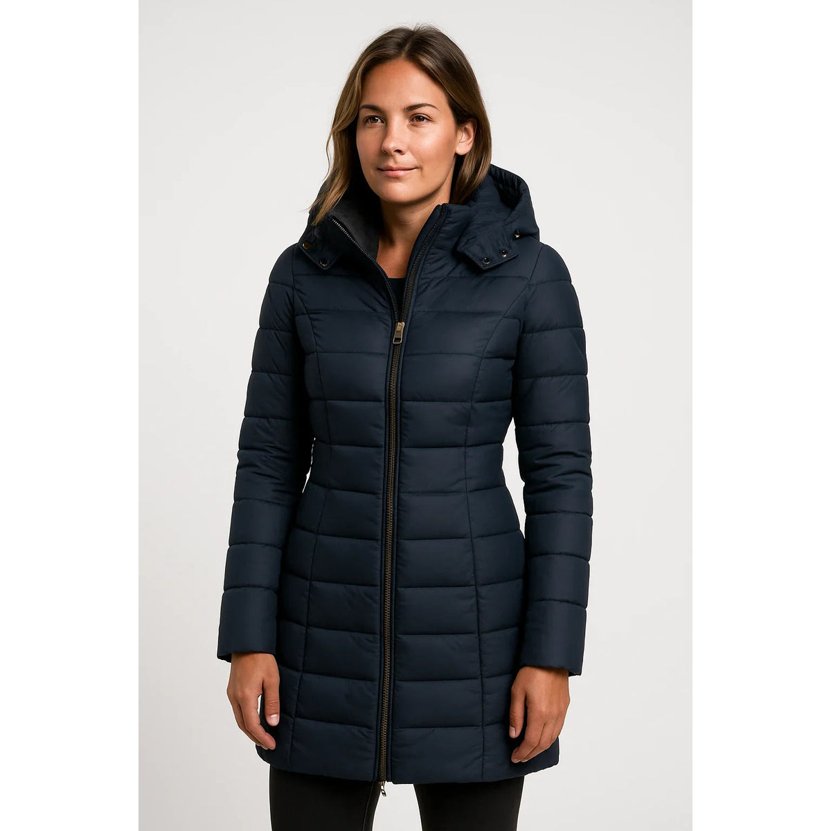 Quilted Puffer Jacket Women Mid-Length Hooded Winter Coat Stylish Outerwear 0