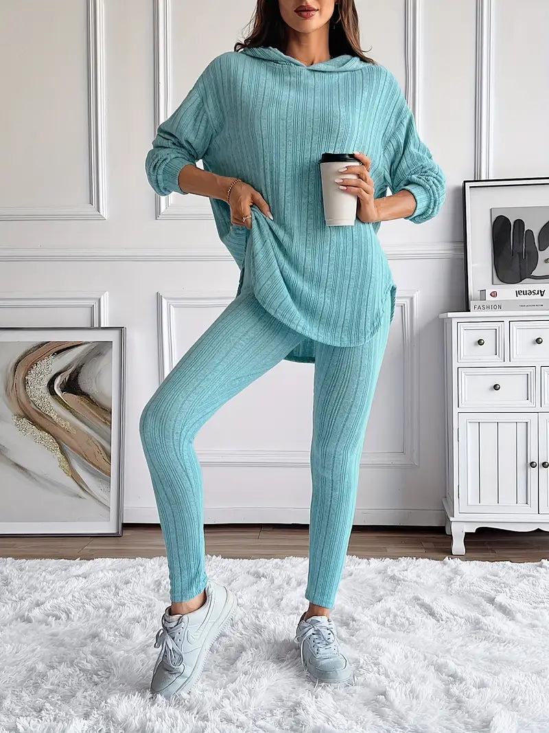 Ribbed Knit Loungewear Set Oversized Hooded Top High-Waisted Leggings 2