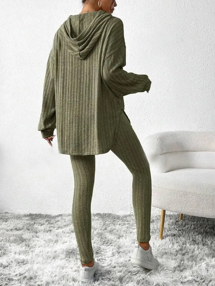 Ribbed Knit Loungewear Set Oversized Hooded Top High-Waisted Leggings 6