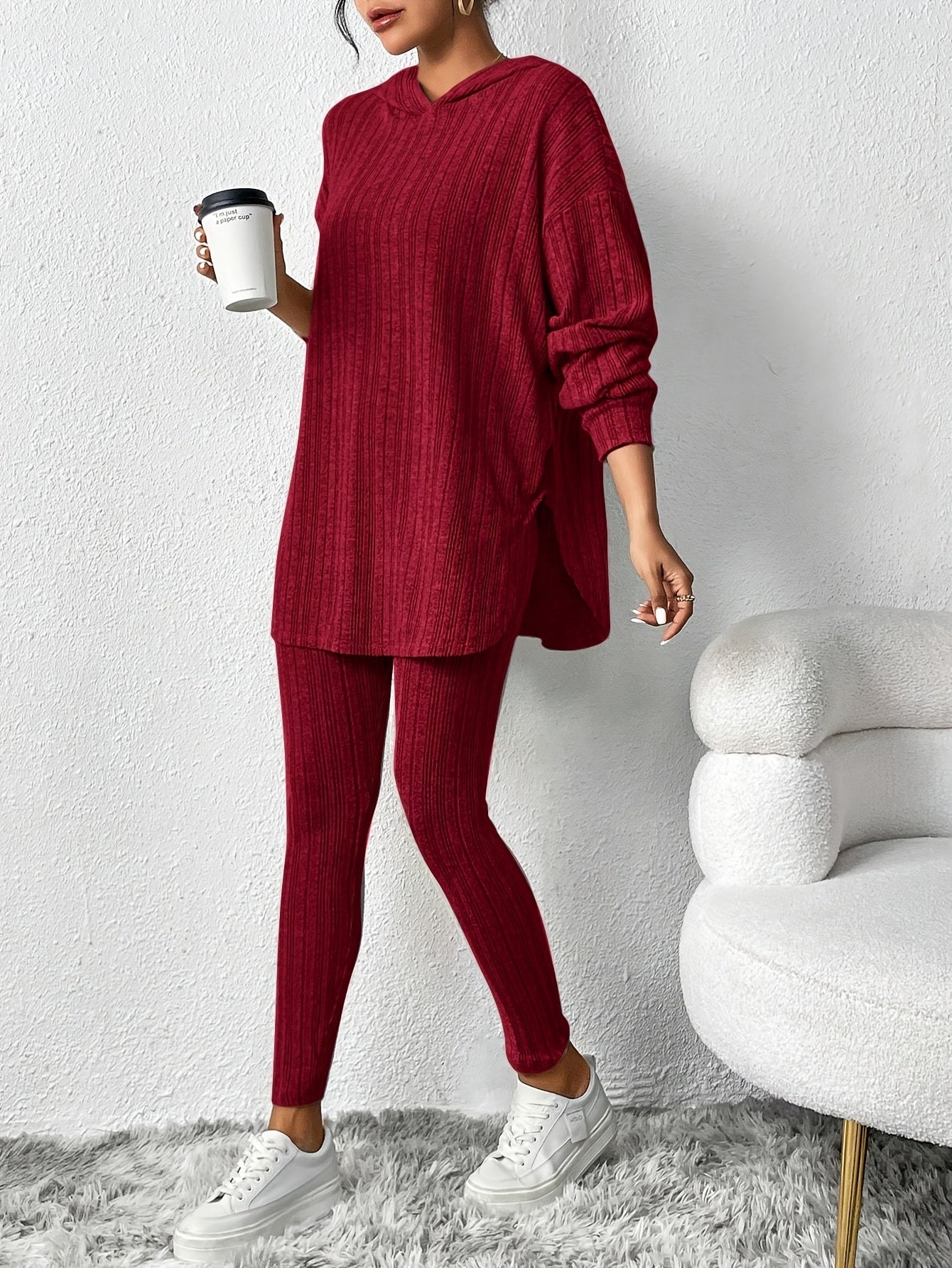Ribbed Knit Loungewear Set Oversized Hooded Top High-Waisted Leggings 7