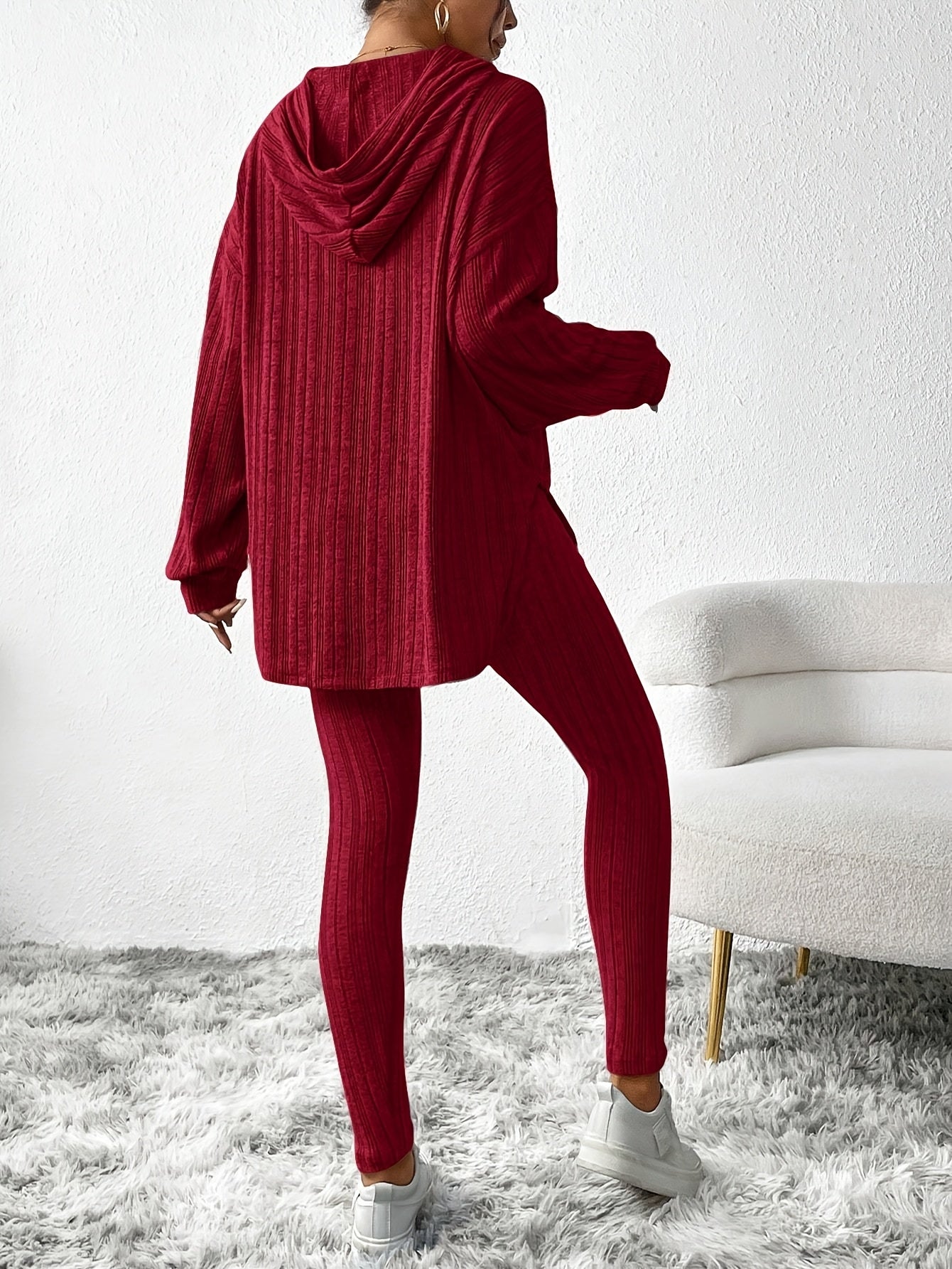 Ribbed Knit Loungewear Set Oversized Hooded Top High-Waisted Leggings 8