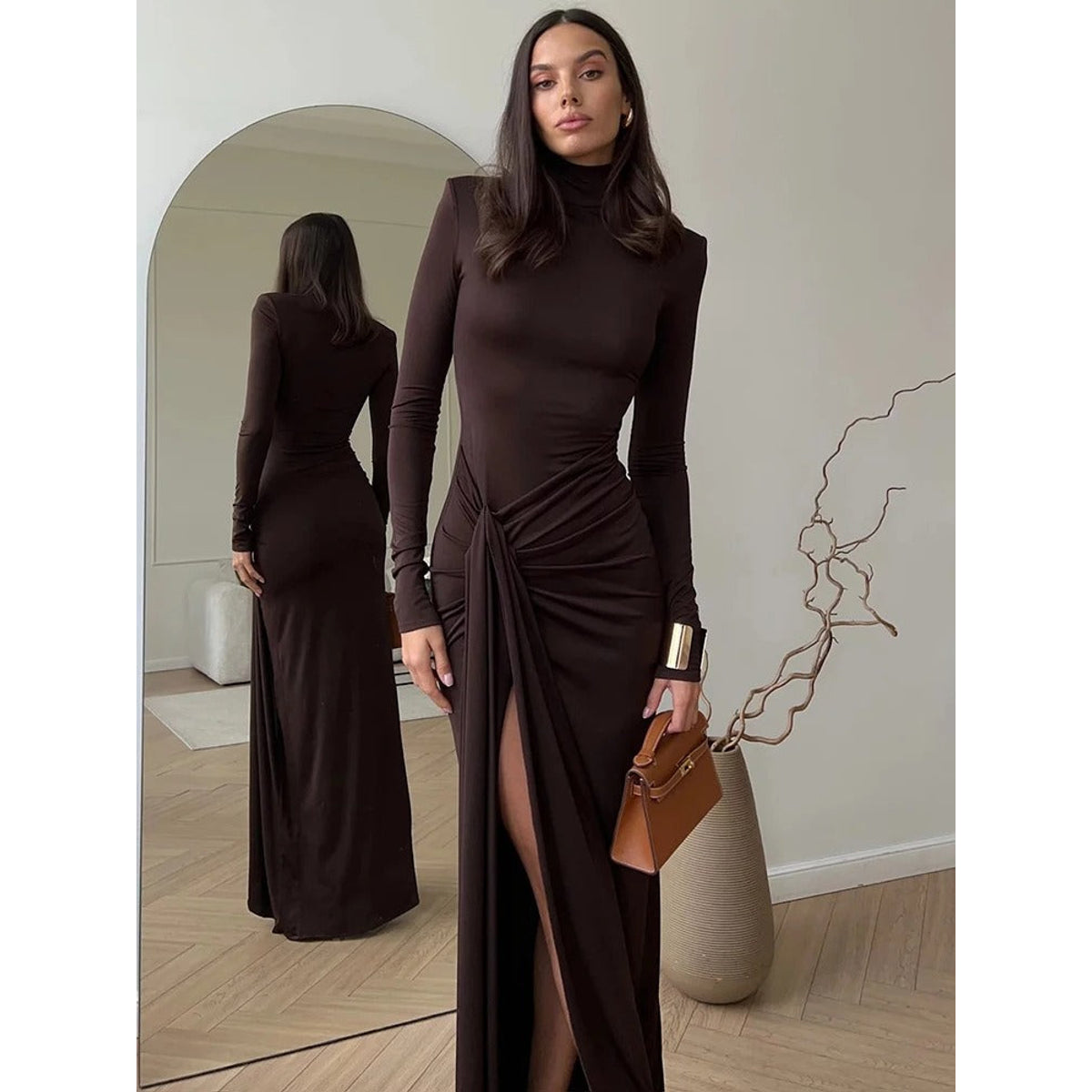 Ruched Maxi Dress Women Chic High Neckline Elegant Draping Black 0