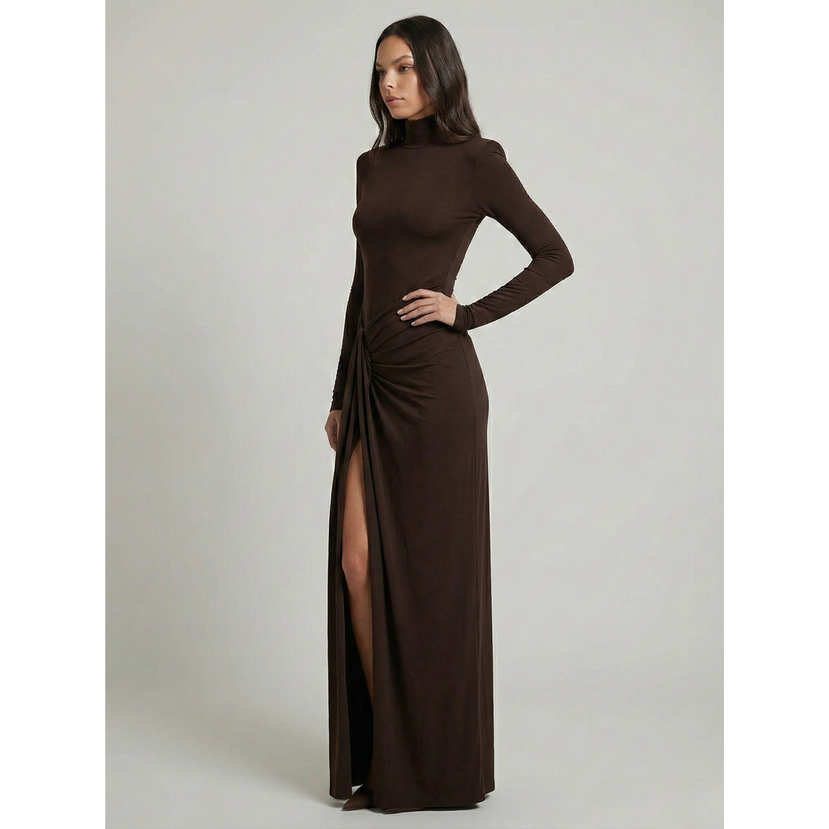 Ruched Maxi Dress Women Chic High Neckline Elegant Draping Black 2