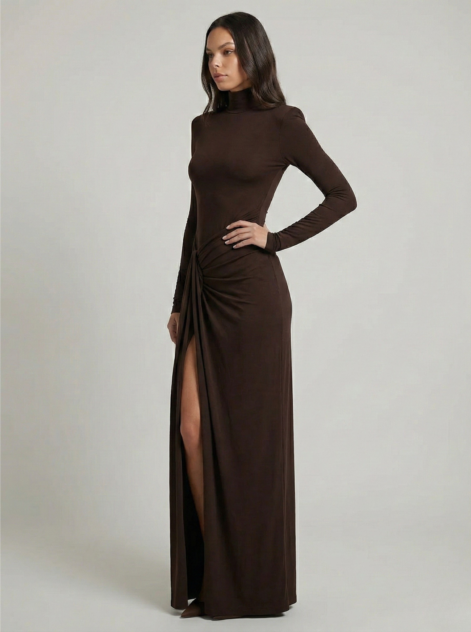 Ruched Maxi Dress Women Chic High Neckline Elegant Draping Black 2