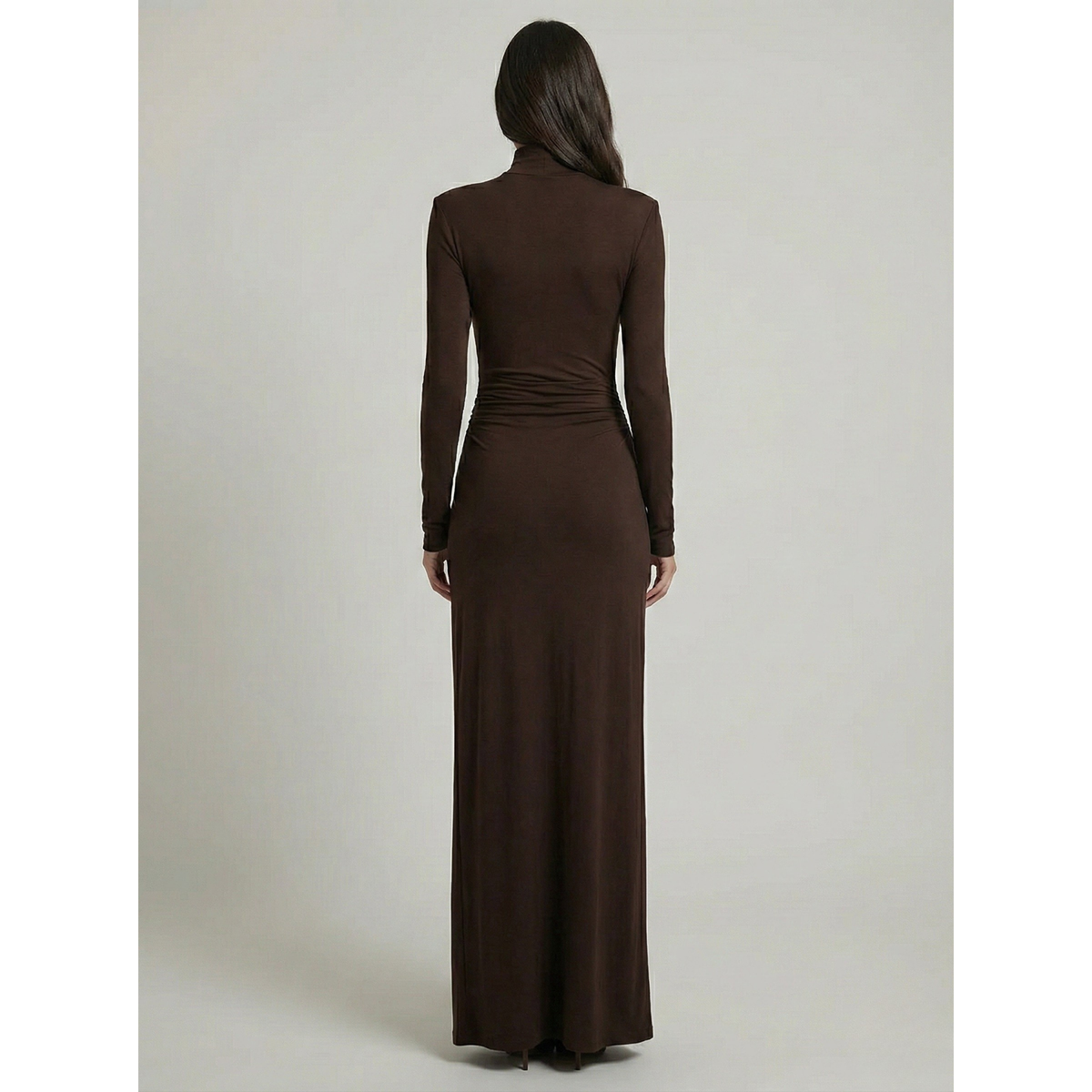 Ruched Maxi Dress Women Chic High Neckline Elegant Draping Black 4