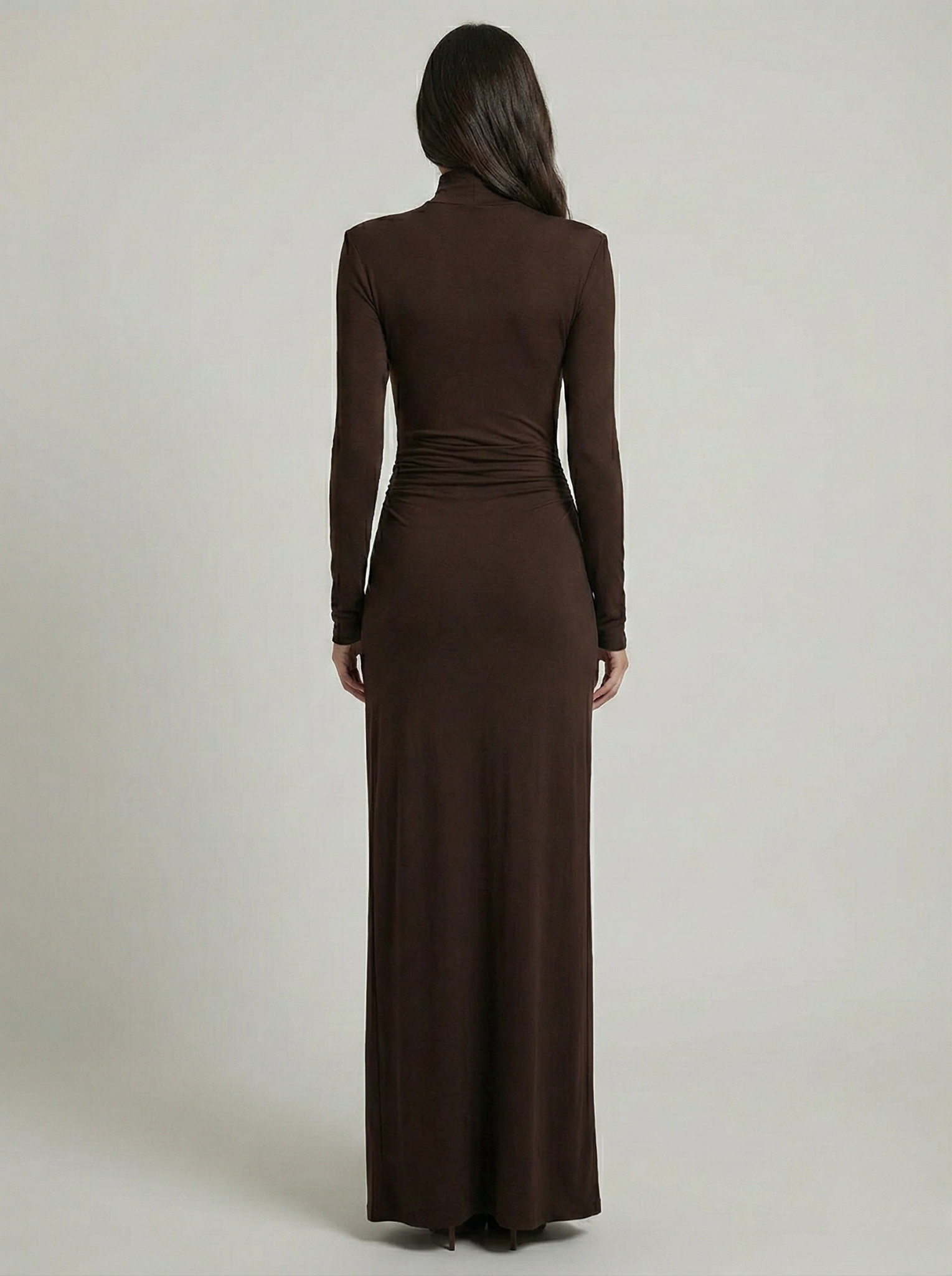 Ruched Maxi Dress Women Chic High Neckline Elegant Draping Black 4