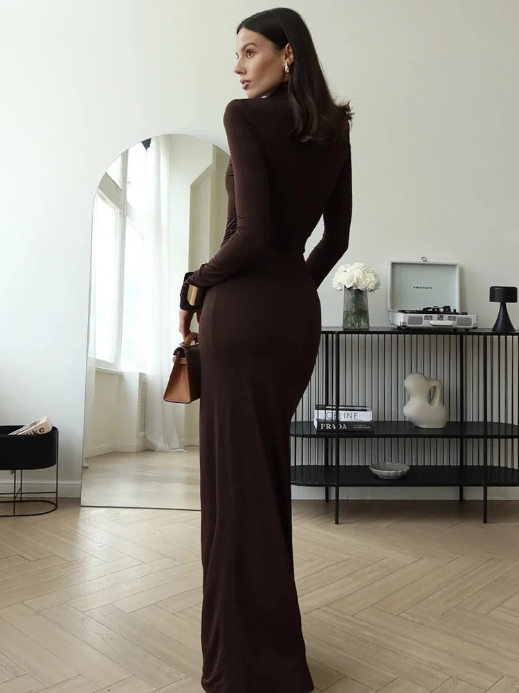 Ruched Maxi Dress Women Chic High Neckline Elegant Draping Black 8