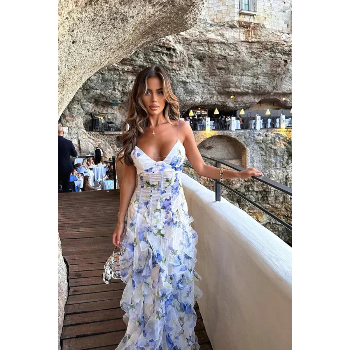 Ruffled Maxi Dress Floral Watercolor Print Elegant Summer Style for Women 0