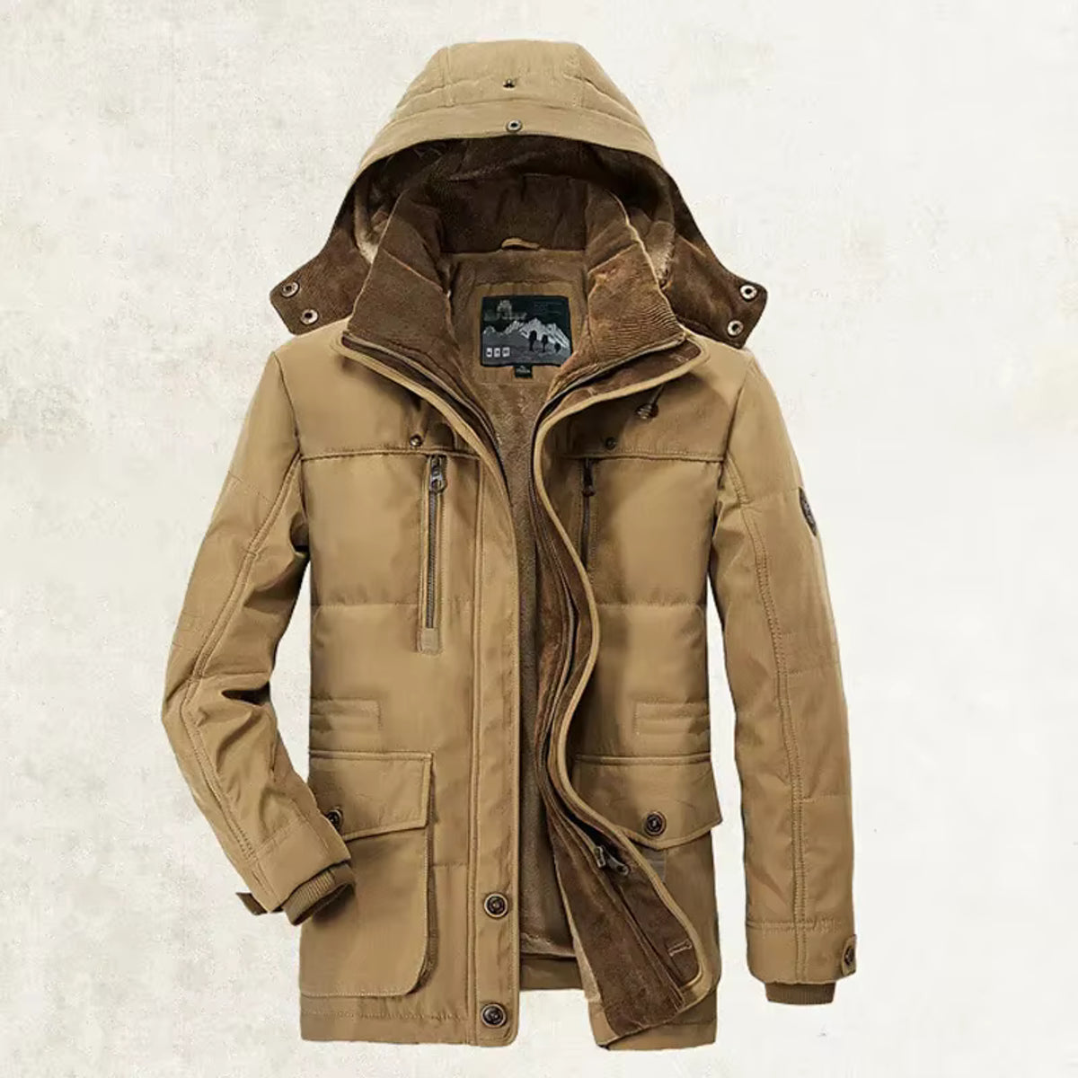 Herren-Wintermantel mit Kapuze, isoliert, mittellanger Parka, mit Fleece gefüttert