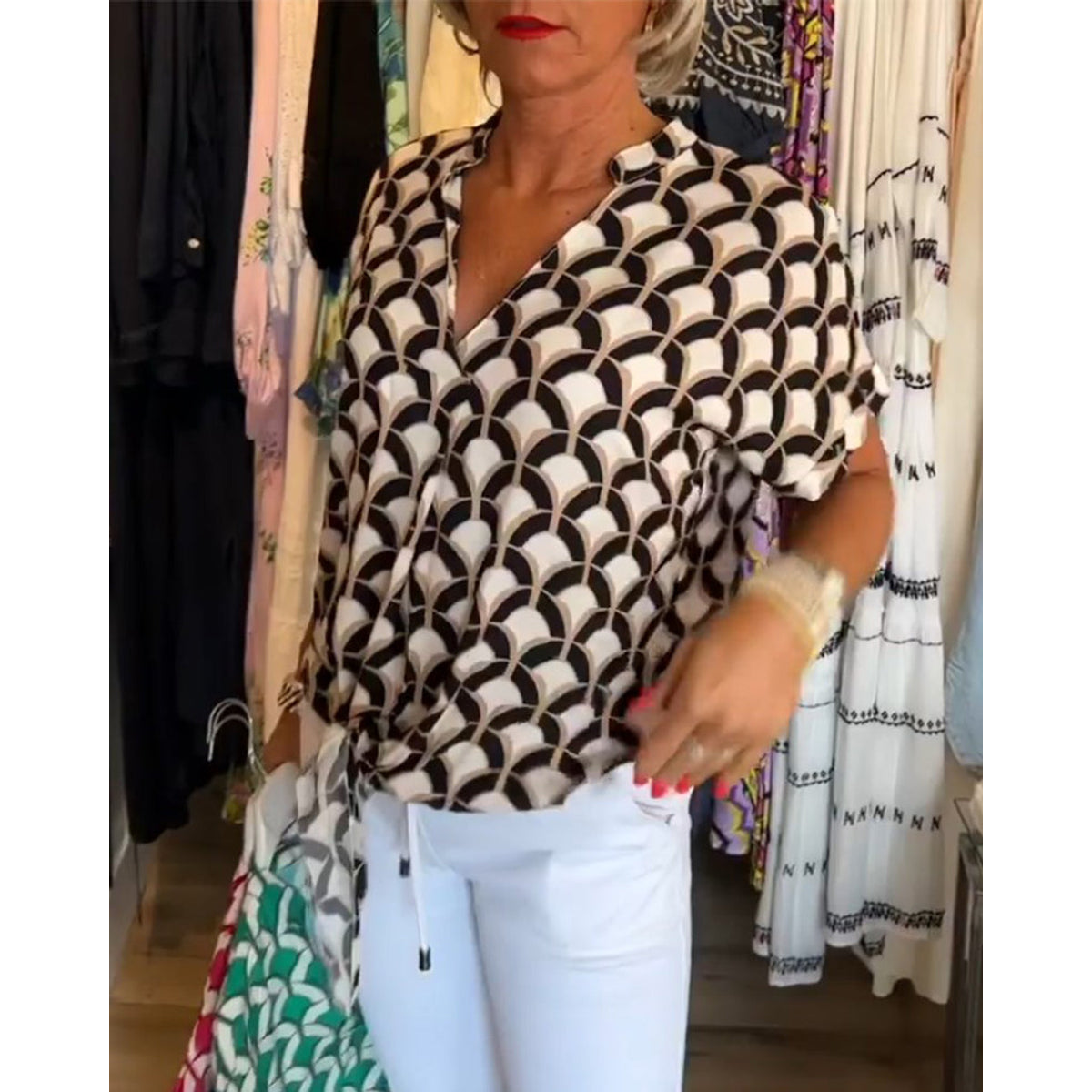 Short-Sleeved V-Neck Printed Casual Top Women Spring Summer Blouse 0