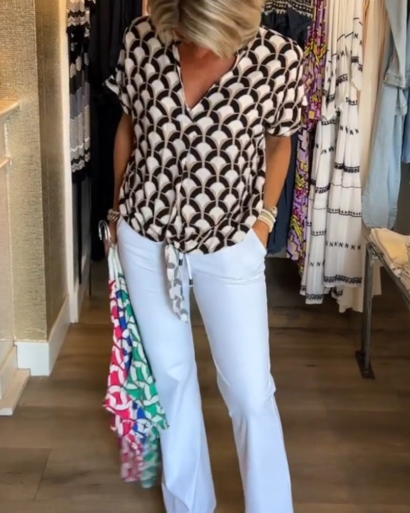 Short-Sleeved V-Neck Printed Casual Top Women Spring Summer Blouse 1