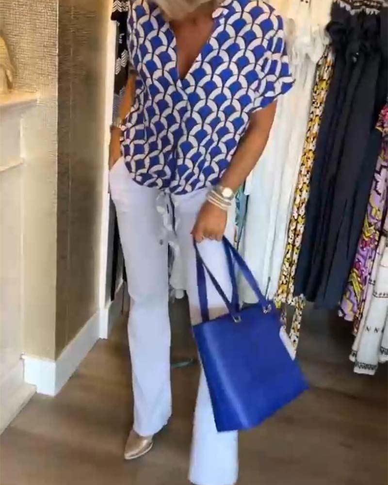 Short-Sleeved V-Neck Printed Casual Top Women Spring Summer Blouse 4