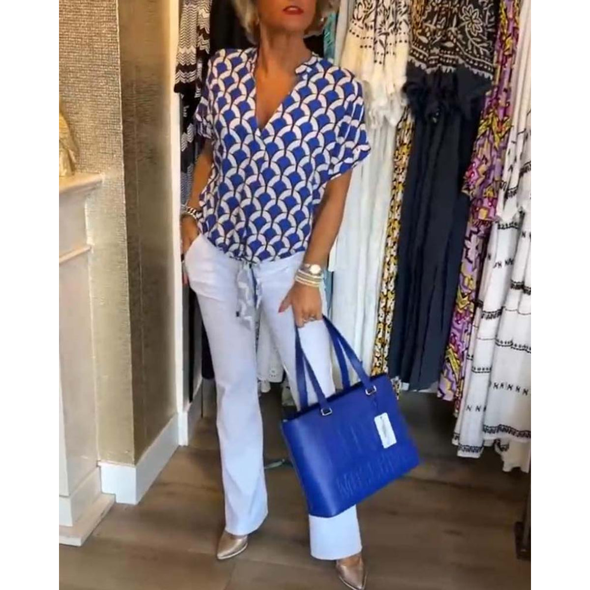 Short-Sleeved V-Neck Printed Casual Top Women Spring Summer Blouse 5
