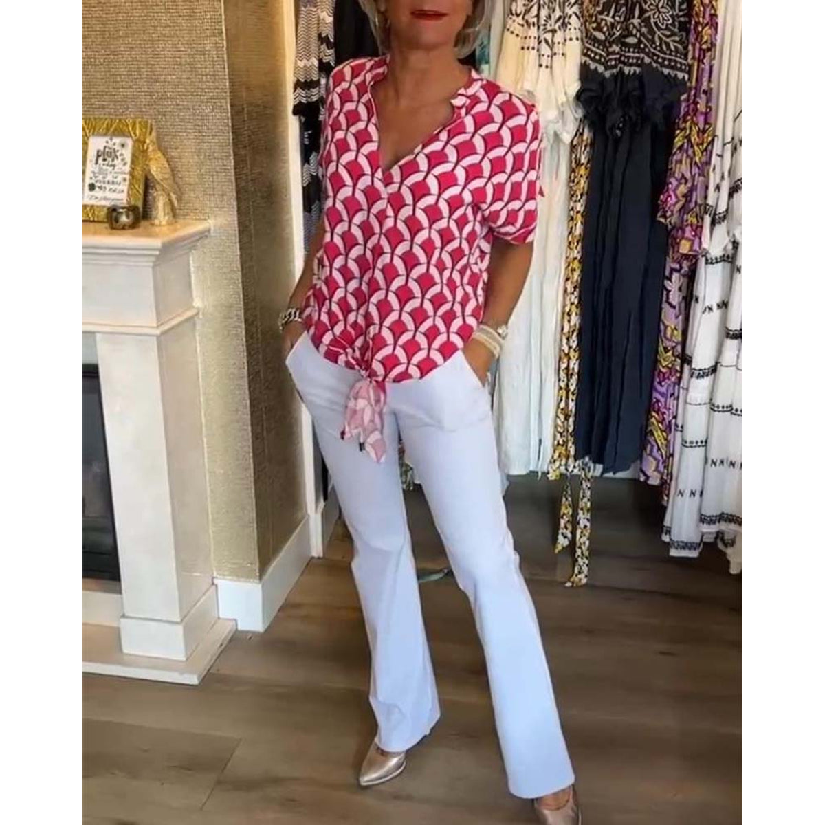 Short-Sleeved V-Neck Printed Casual Top Women Spring Summer Blouse 6