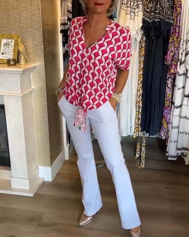 Short-Sleeved V-Neck Printed Casual Top Women Spring Summer Blouse 6
