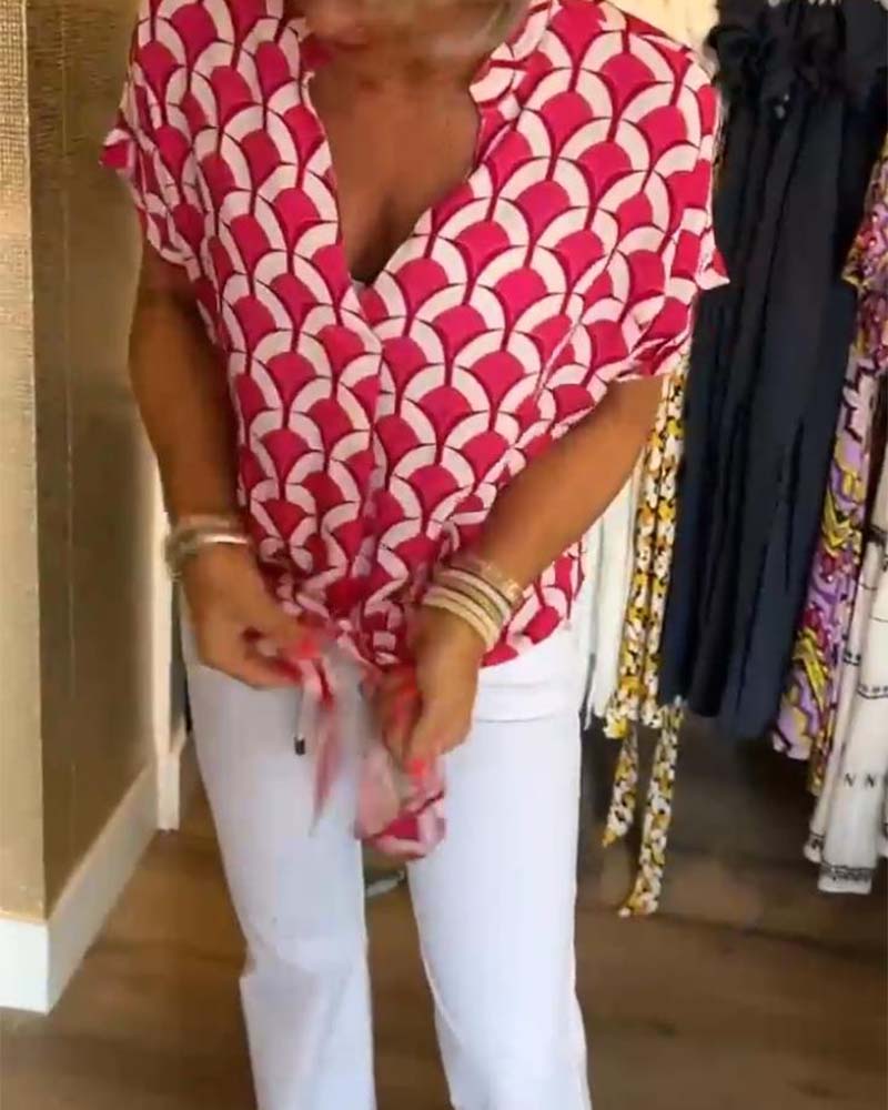 Short-Sleeved V-Neck Printed Casual Top Women Spring Summer Blouse 7