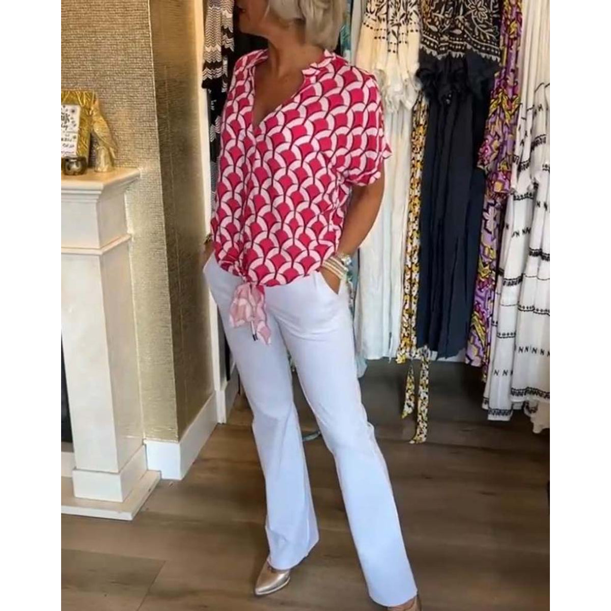 Short-Sleeved V-Neck Printed Casual Top Women Spring Summer Blouse 8